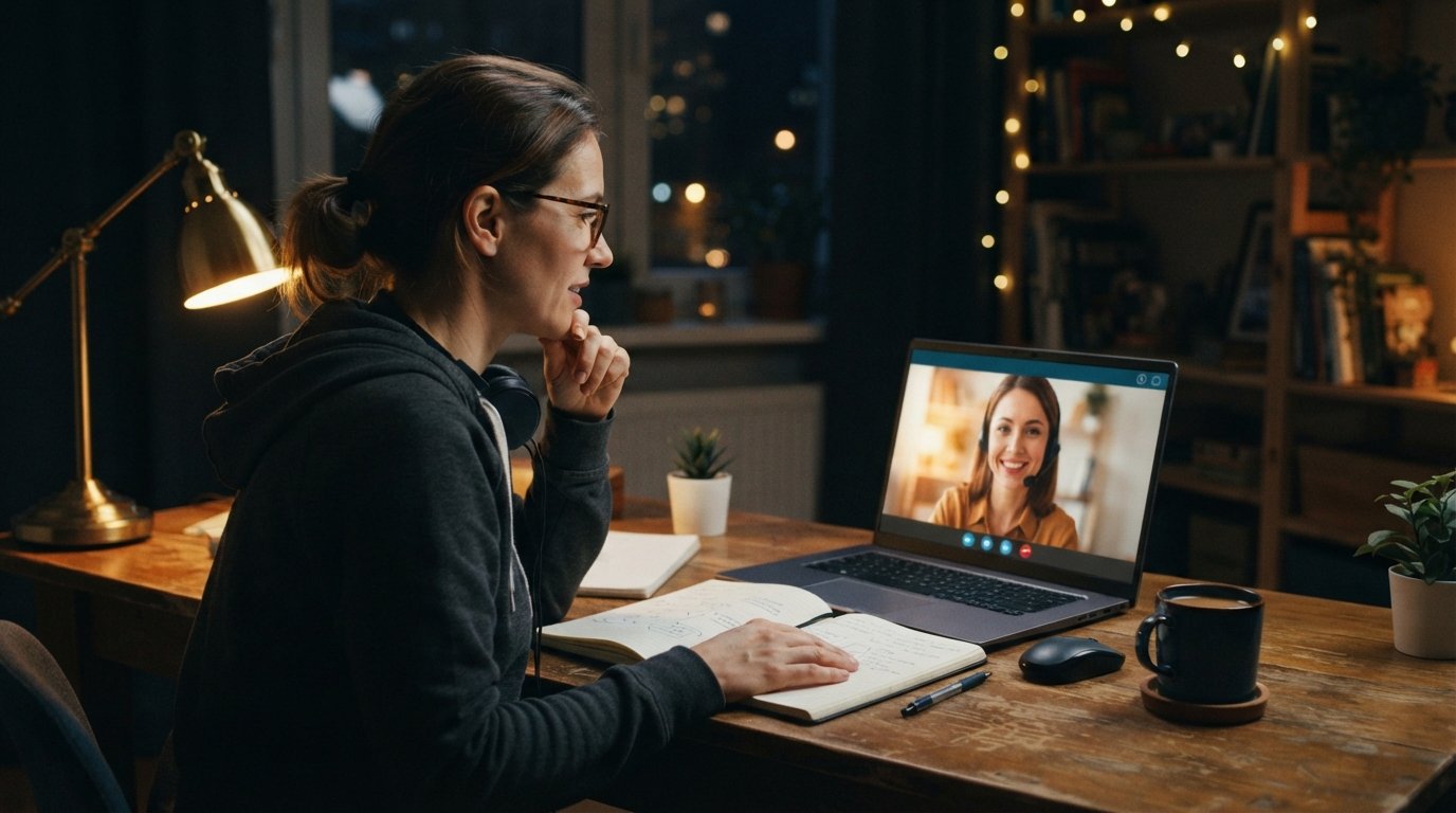 Adult learner in glasses and hoodie at a home desk at night, laptop showing a video call with a support advisor, notebook…