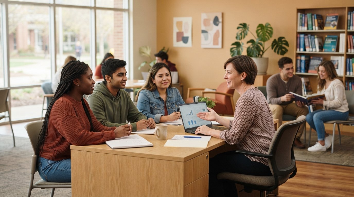 Diverse adult students sit across from an advisor at a light-wood desk in a sunlit support center, with a laptop,…