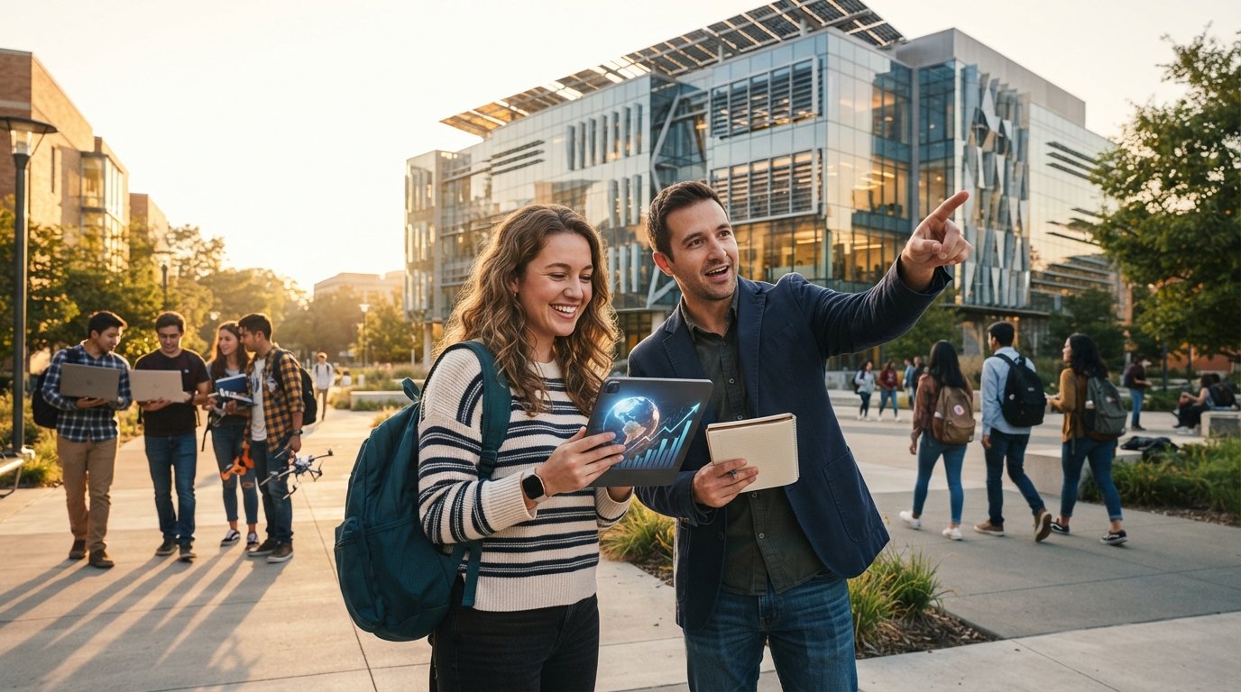 College woman holding a tablet with a globe and data charts, smiling on a university plaza with a glass science building…