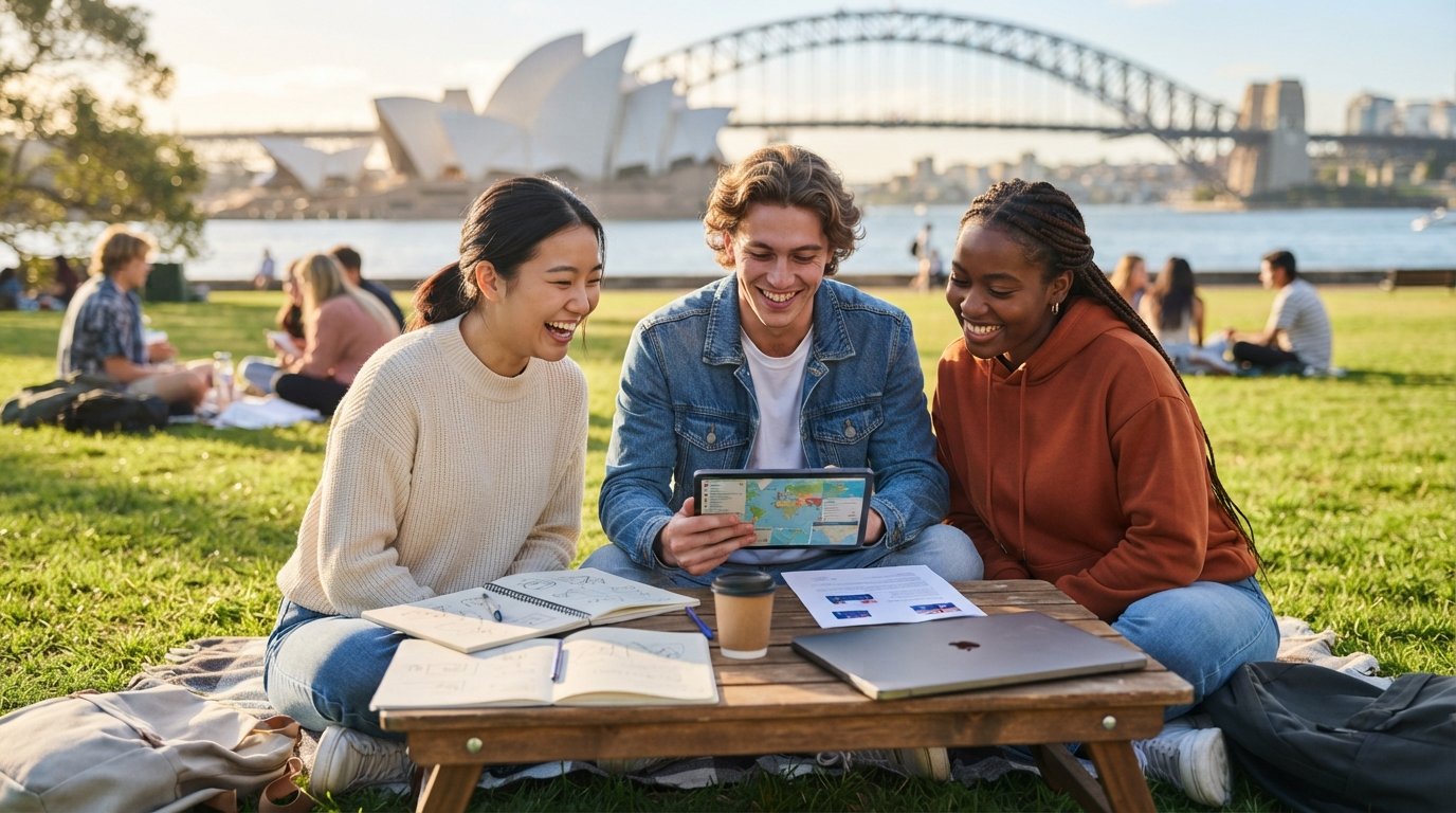 Three university students in their early 20s sit on a sunny campus lawn in Sydney, smiling and reviewing a tablet, with…