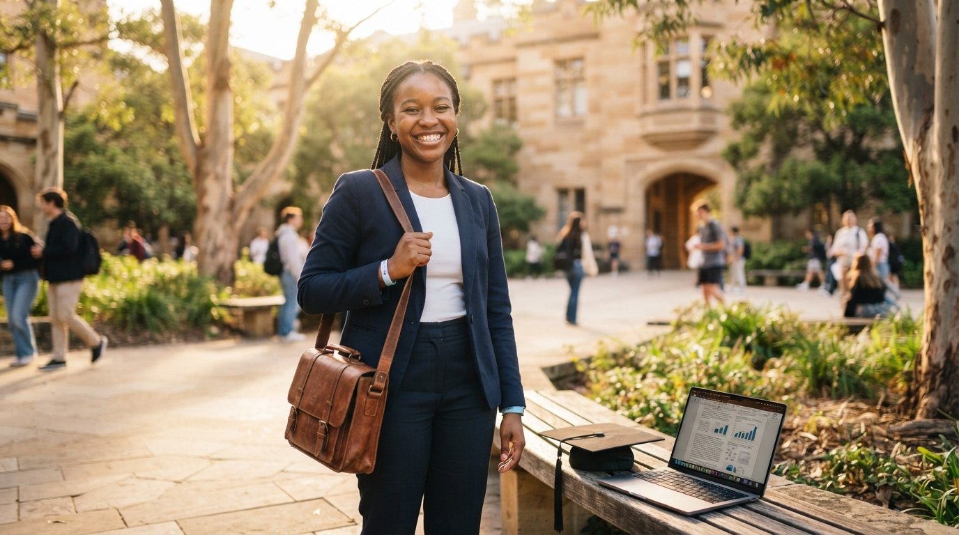 Smiling international student in a blazer holding a satchel on a sunlit campus courtyard with sandstone building and…