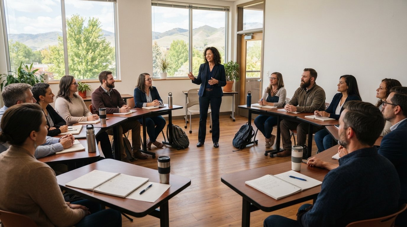 Adult students seated in a semicircle in a bright classroom, listening as an instructor gestures during a counseling seminar