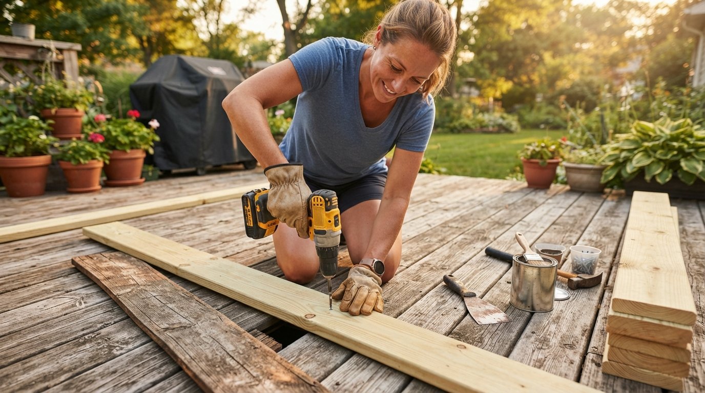 Person in work gloves using a cordless drill to secure a new wooden board on a weathered backyard deck, with tools and…