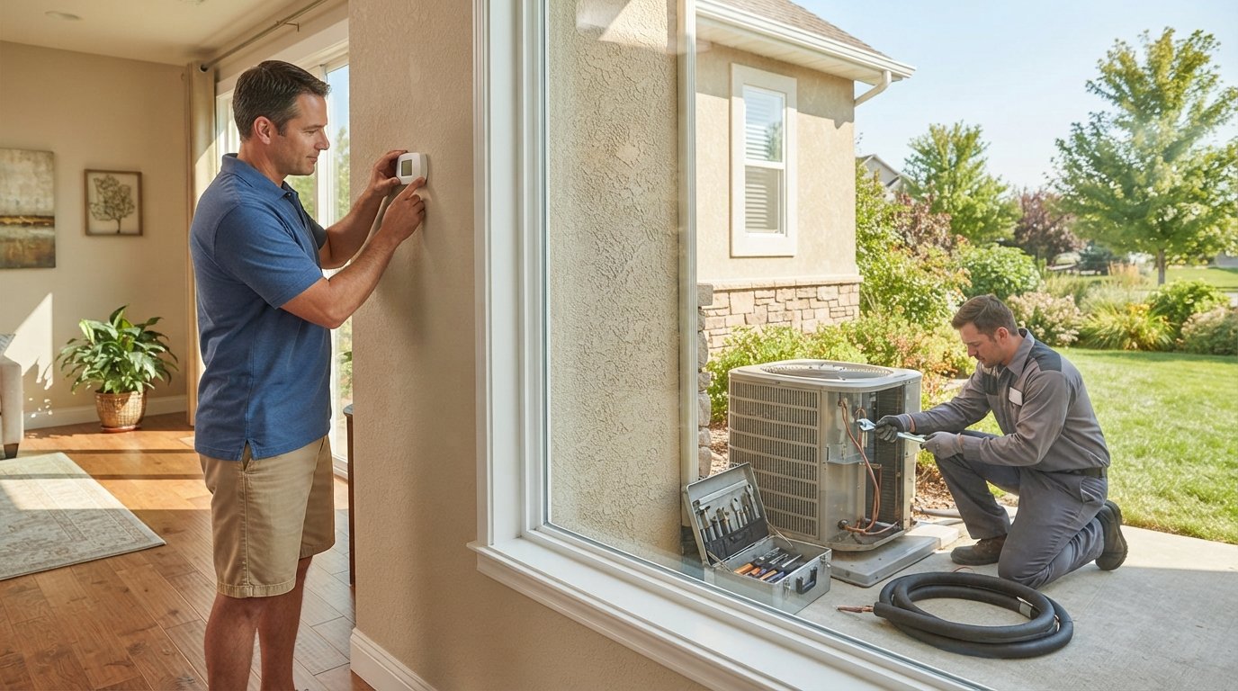 Homeowner in a sunlit living room adjusts a programmable thermostat while a technician works on an outdoor air-conditioning…