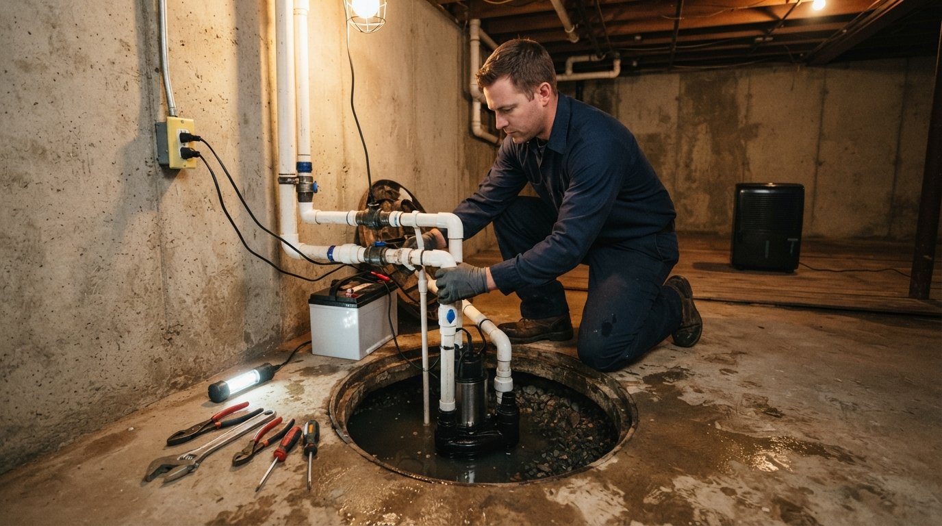 Plumber in navy uniform kneeling by an open basement sump pit, installing a submersible pump and battery backup beside PVC…