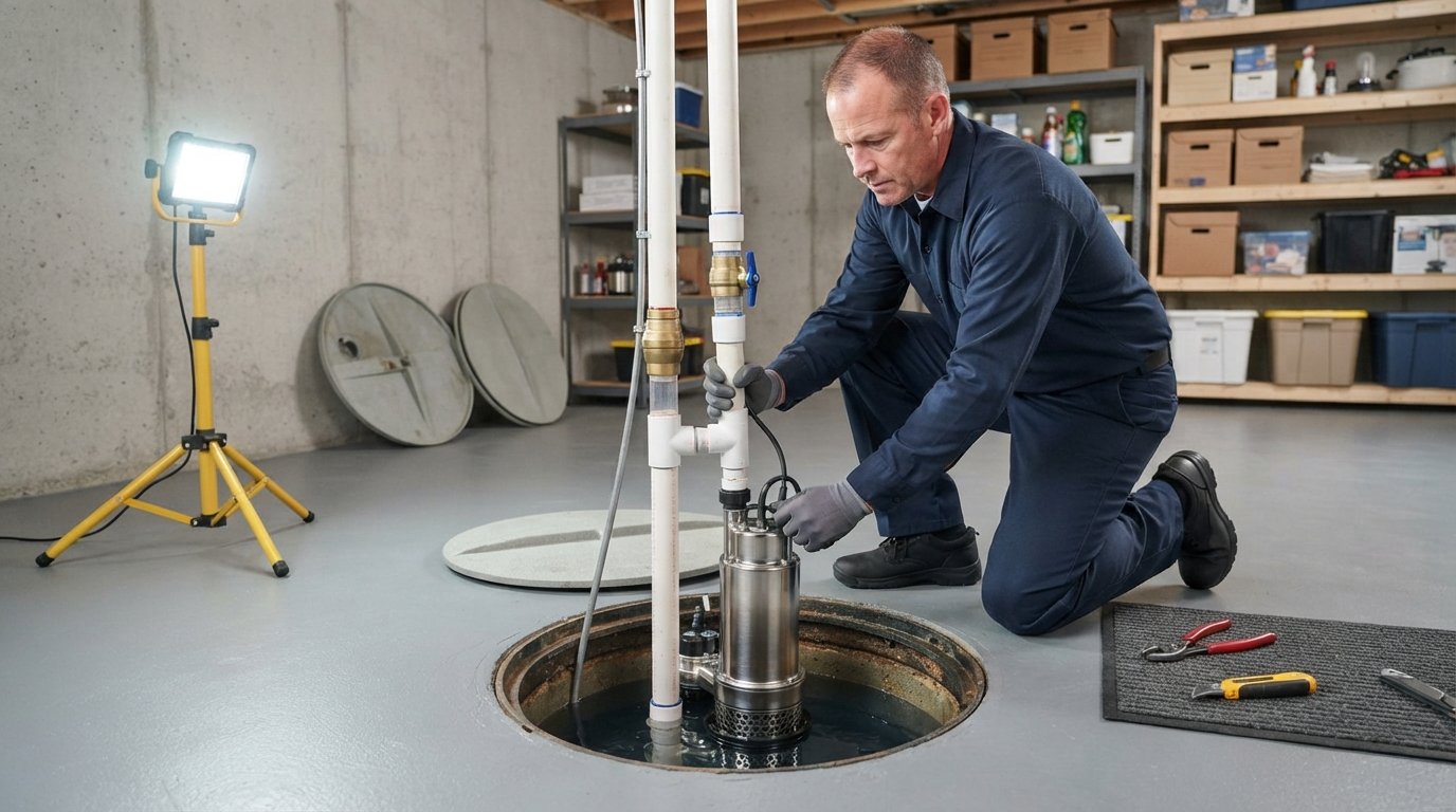Plumber in navy uniform installing a stainless steel submersible sump pump inside an open basin in a dry, well-lit basement