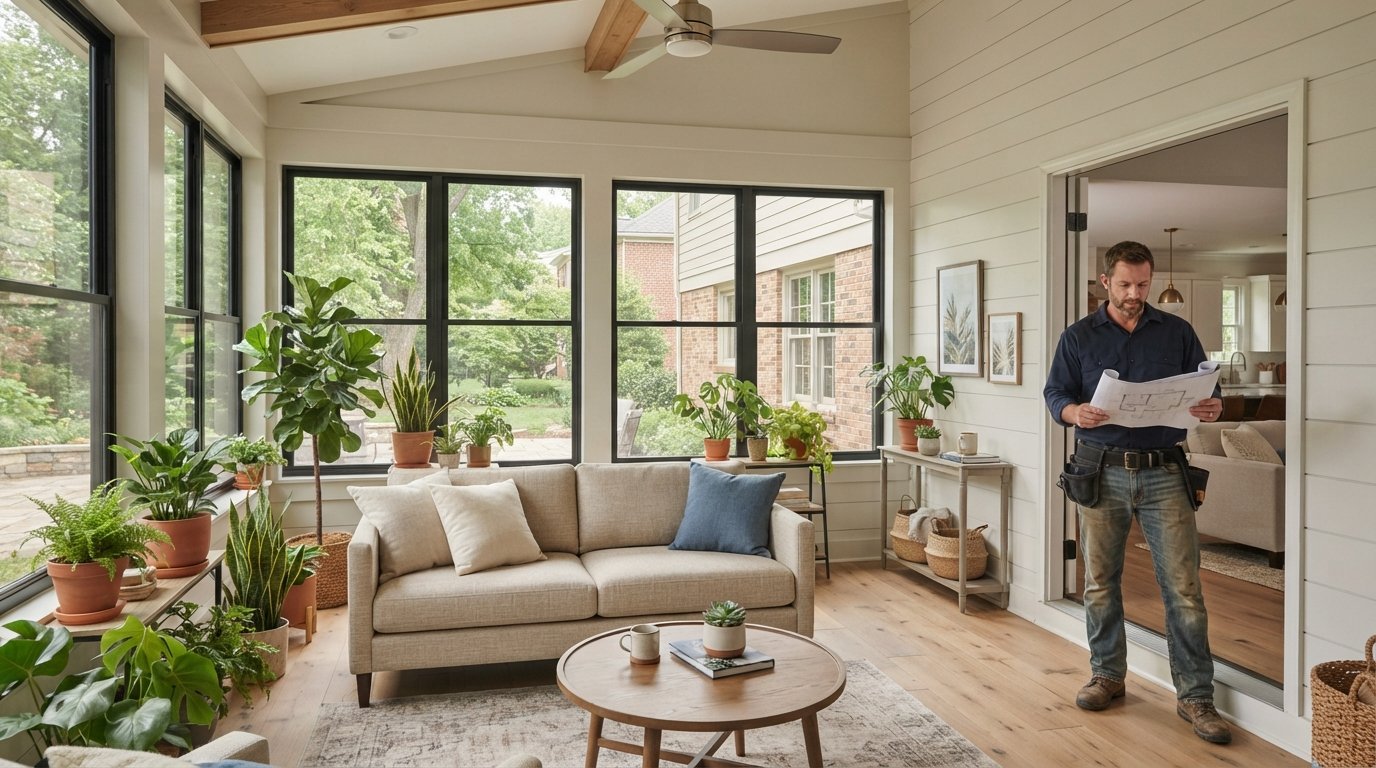 Bright four-season sunroom addition with large insulated glass windows, wood flooring, neutral sofa, potted plants, and a…