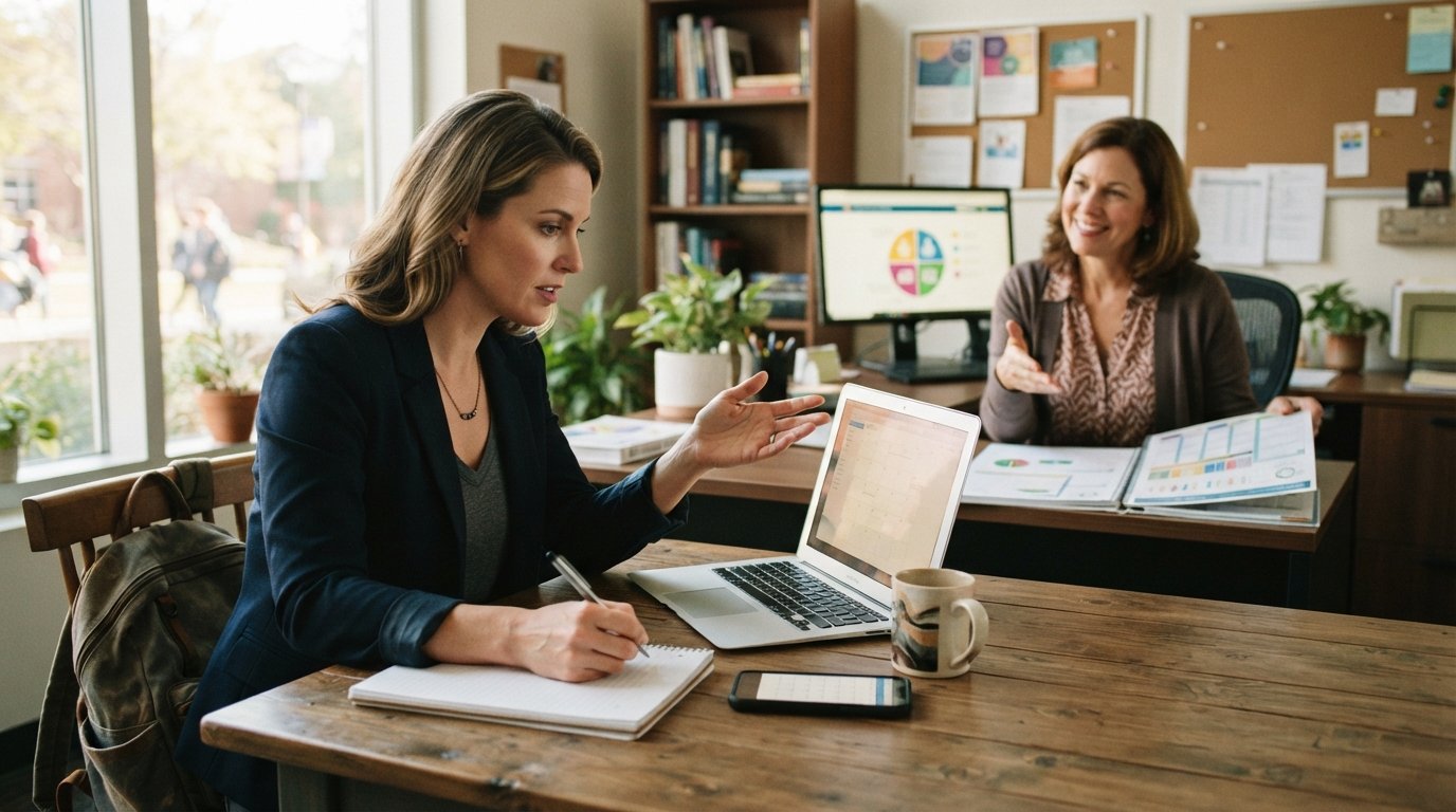 Woman in a blazer sits at a kitchen table with a laptop, notebooks, and coffee while an advisor gestures toward a course…