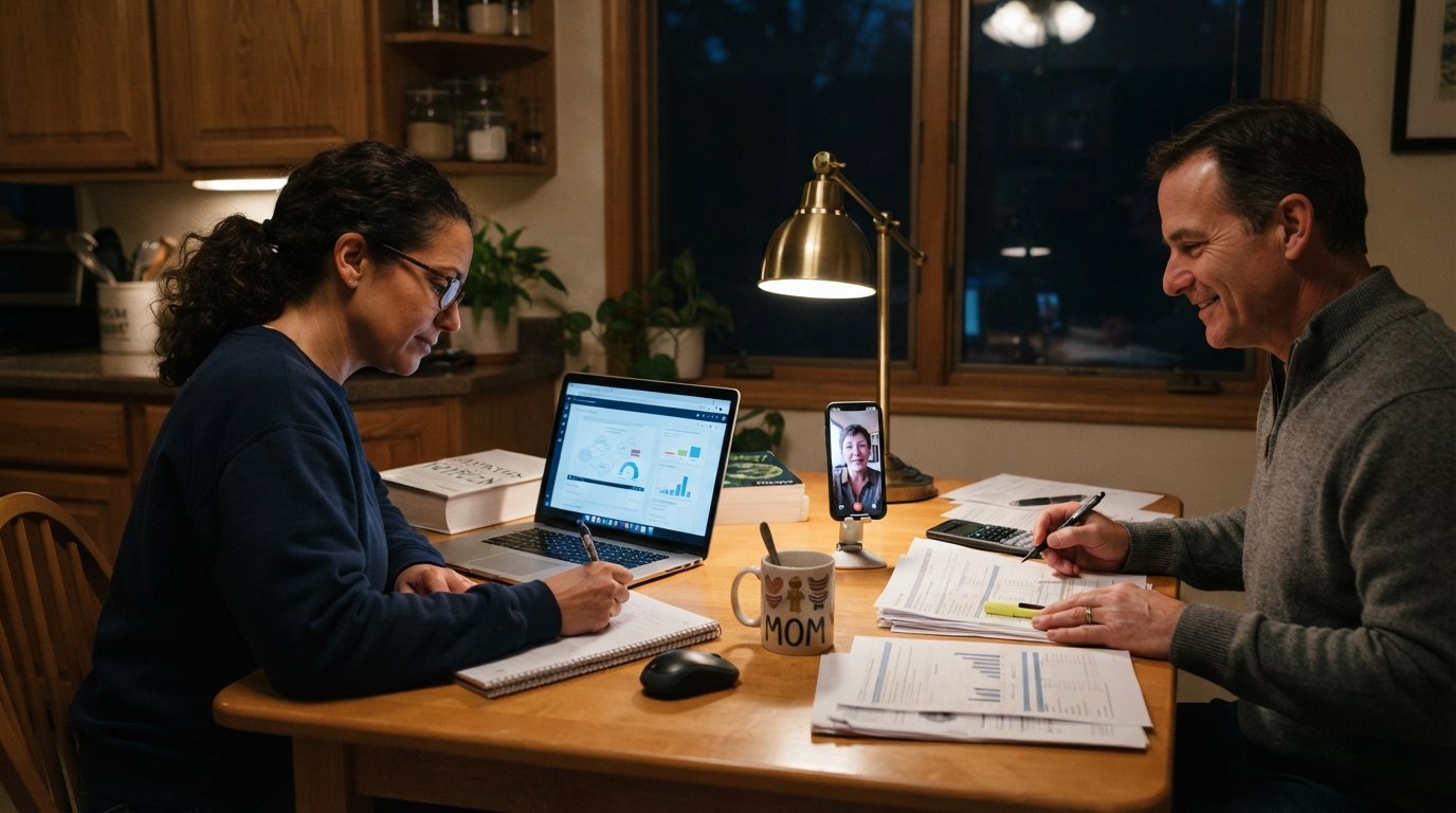 Middle-aged student studies on a laptop at a kitchen table while a partner reviews paperwork and an advisor appears on a…