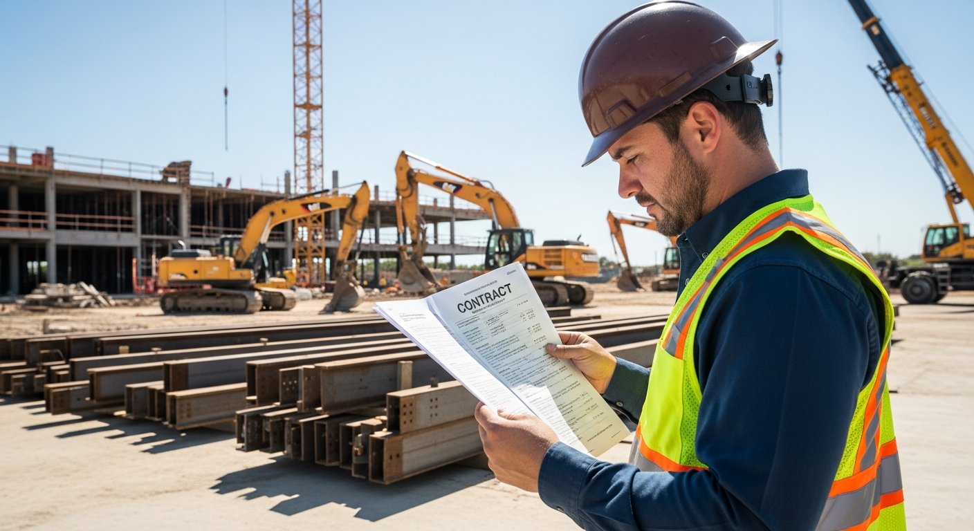 Subcontractor in hard hat reviewing contract on sunny job site with partially built building and heavy equipment