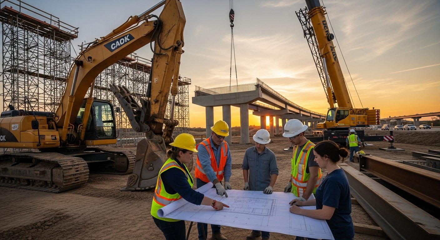 Contractors in hard hats and reflective vests review blueprints near an excavator and crane at a highway overpass…