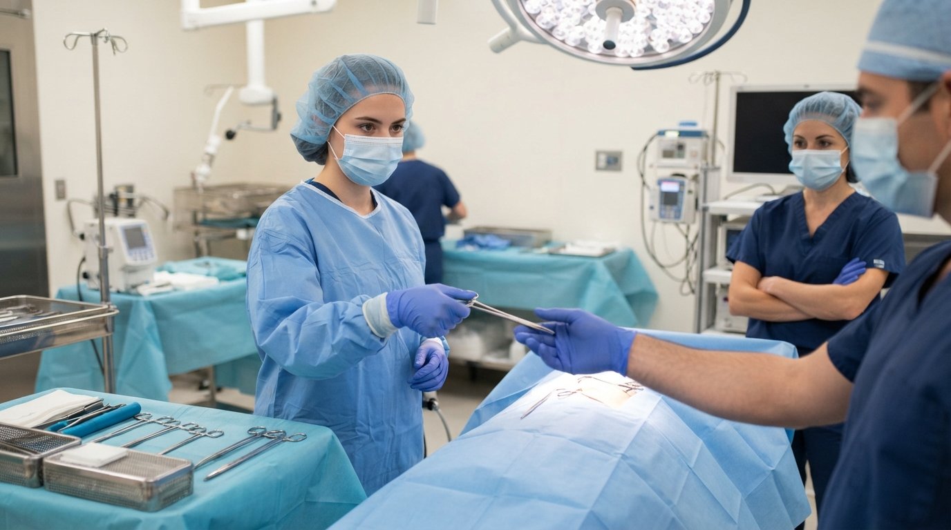 Student in blue scrubs and sterile gloves handing a surgical instrument to a surgeon over a draped sterile table in a…