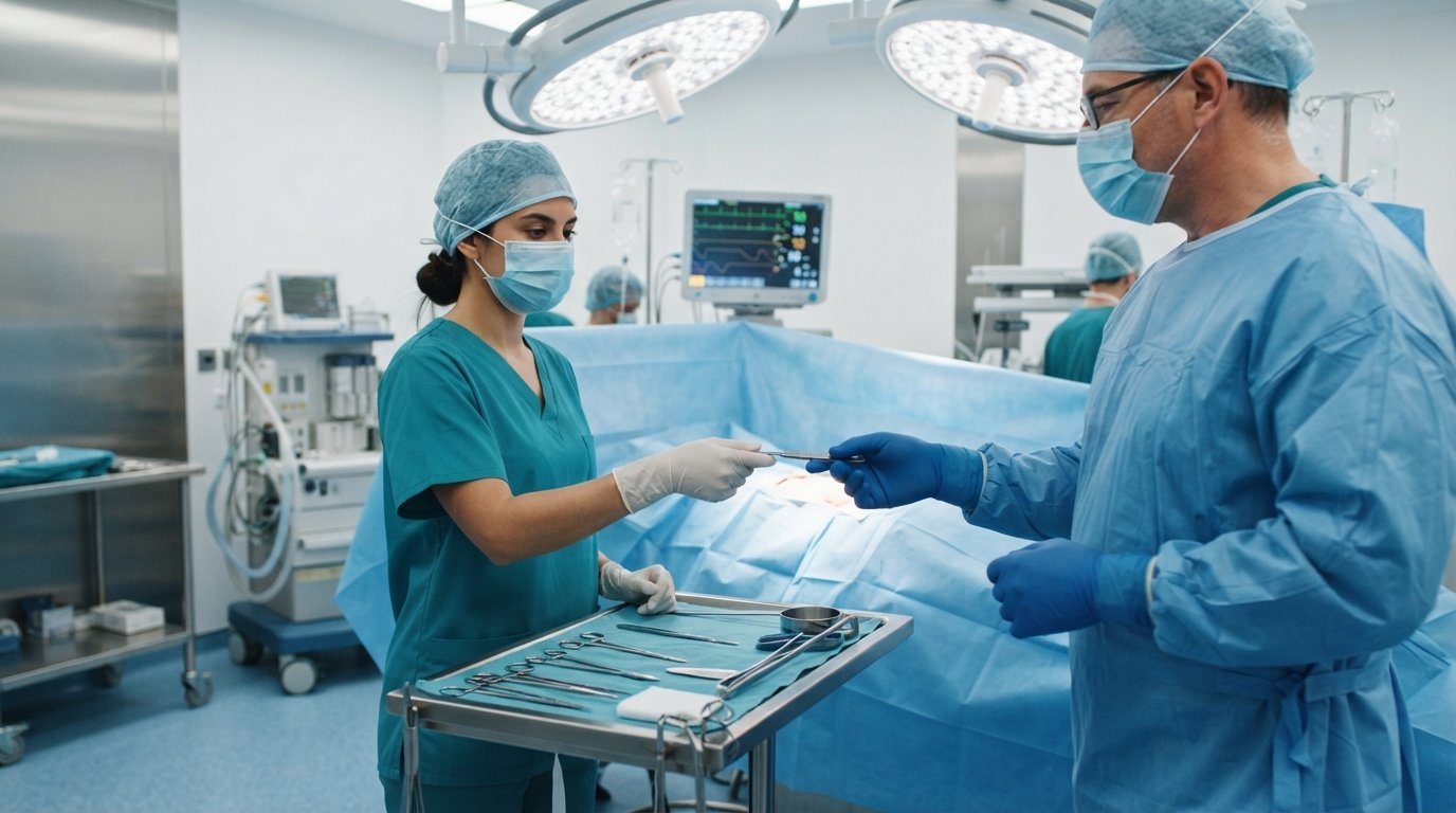 Surgical technologist in teal scrubs passes a scalpel to a surgeon beside a sterile instrument table under bright surgical…