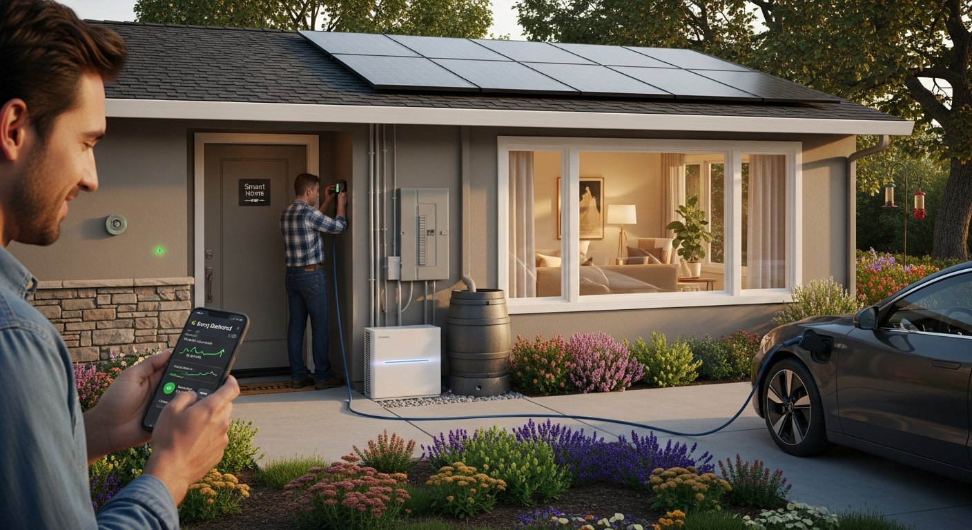 Homeowner with smartphone stands in driveway as electrician installs smart panel beside solar-equipped house with battery…