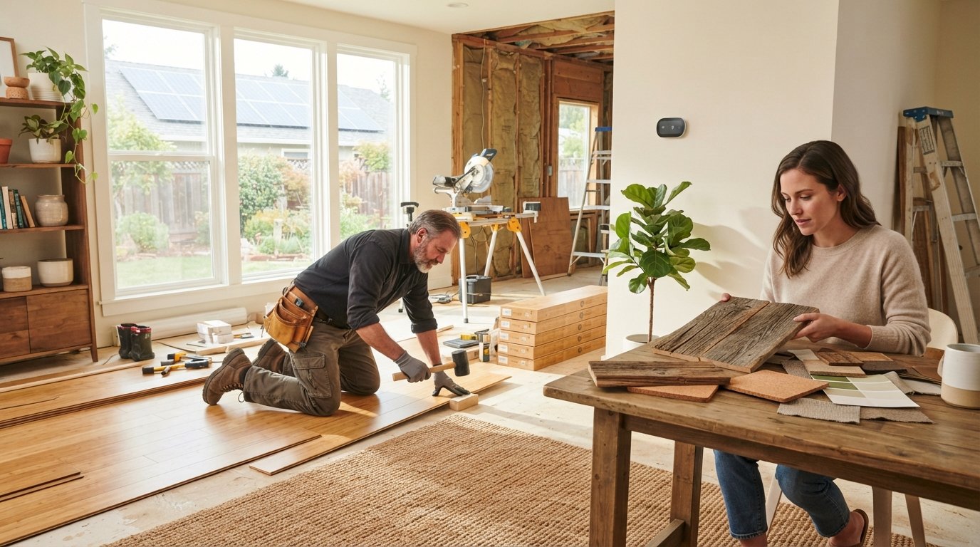 Contractor installing bamboo flooring in a sunlit living room as a homeowner reviews reclaimed wood and cork samples near…