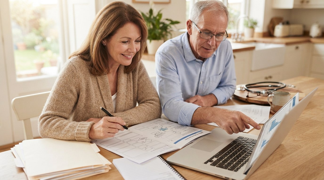 Woman in beige cardigan reviews Medicare paperwork at a kitchen table while a man points at a laptop screen