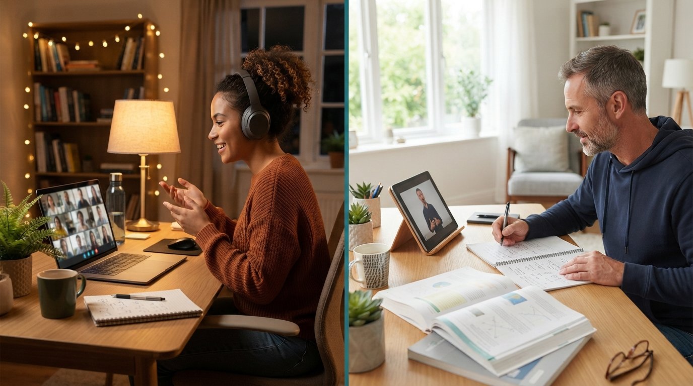 Split-screen: a woman in a cozy home office attends a live video class on her laptop with headphones and a grid of…
