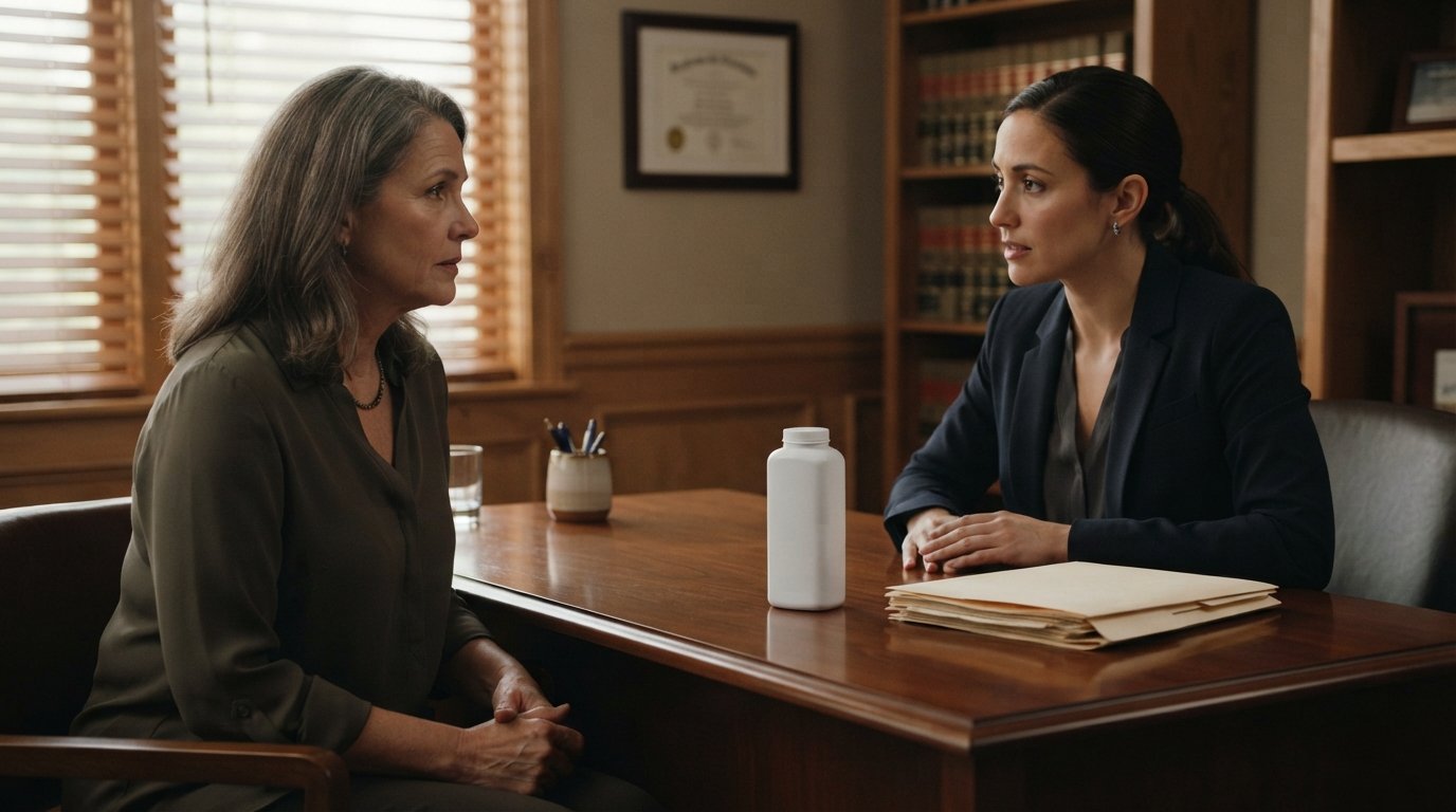 Woman in a muted blouse sits across a wooden desk from a female attorney in a dark suit, with a talcum powder bottle and…