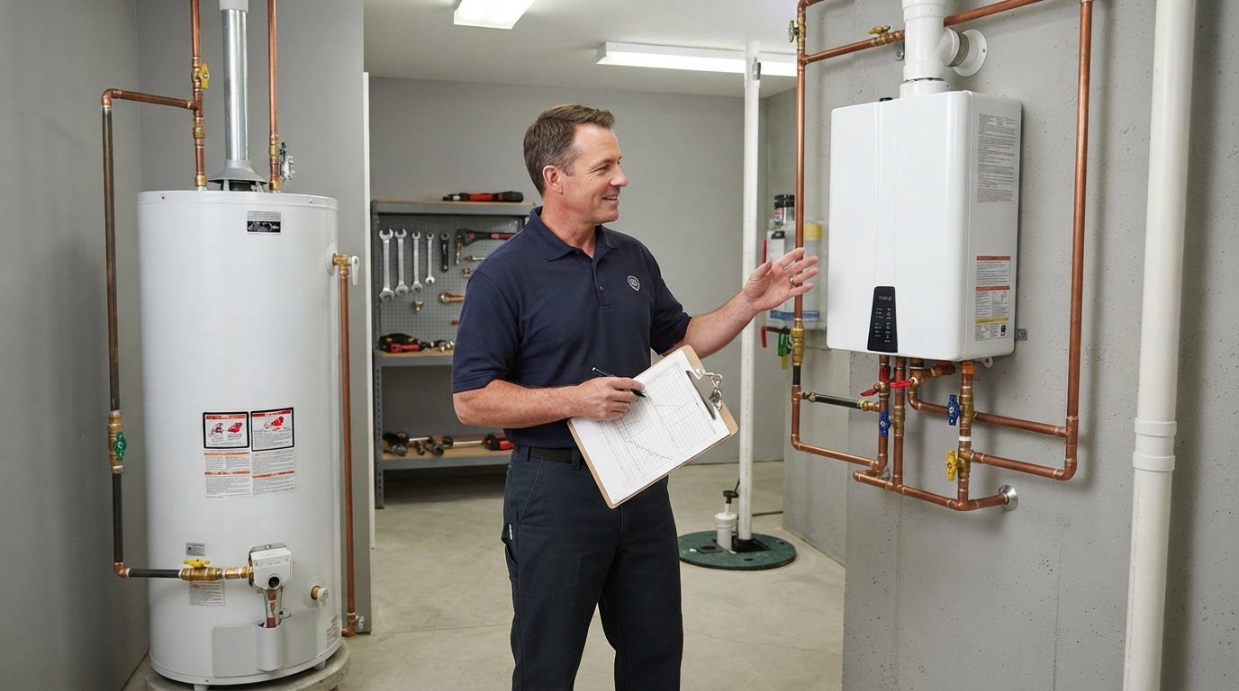 Contractor in navy polo holding a clipboard with a cost sheet beside a cylindrical tank water heater and a wall-mounted…