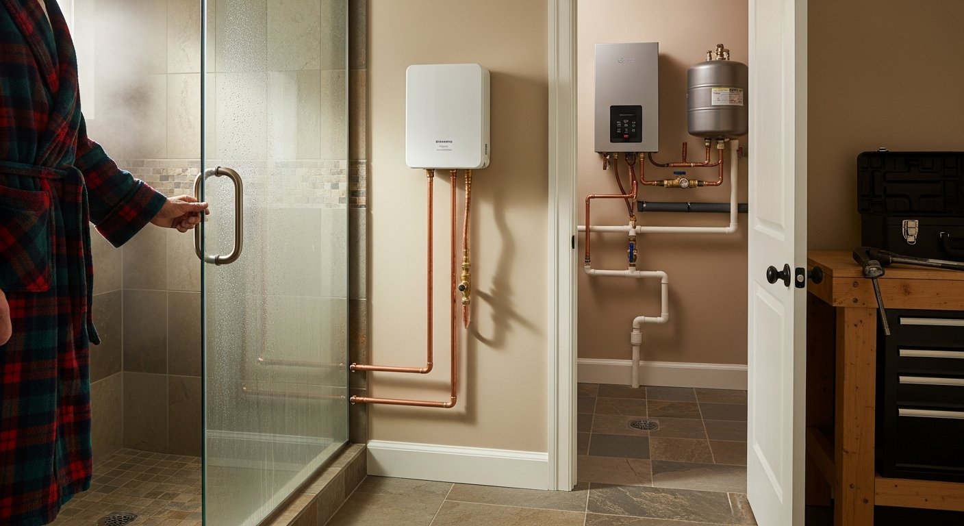 Man in a plaid robe reaches for the shower handle in a bright bathroom, with a wall-mounted white tankless water heater and…