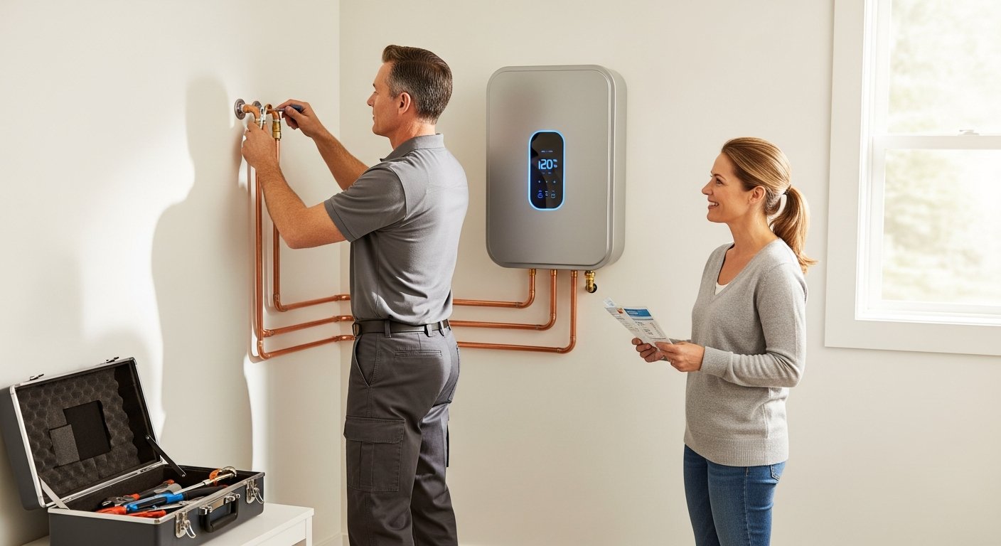 Contractor in gray polo shirt mounts a silver tankless water heater on a white wall while a smiling woman in jeans and…
