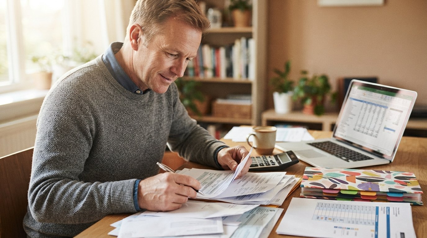 Middle-aged taxpayer at a wooden desk reviewing IRS notices, tax forms, a calculator, and a laptop showing monthly payment…