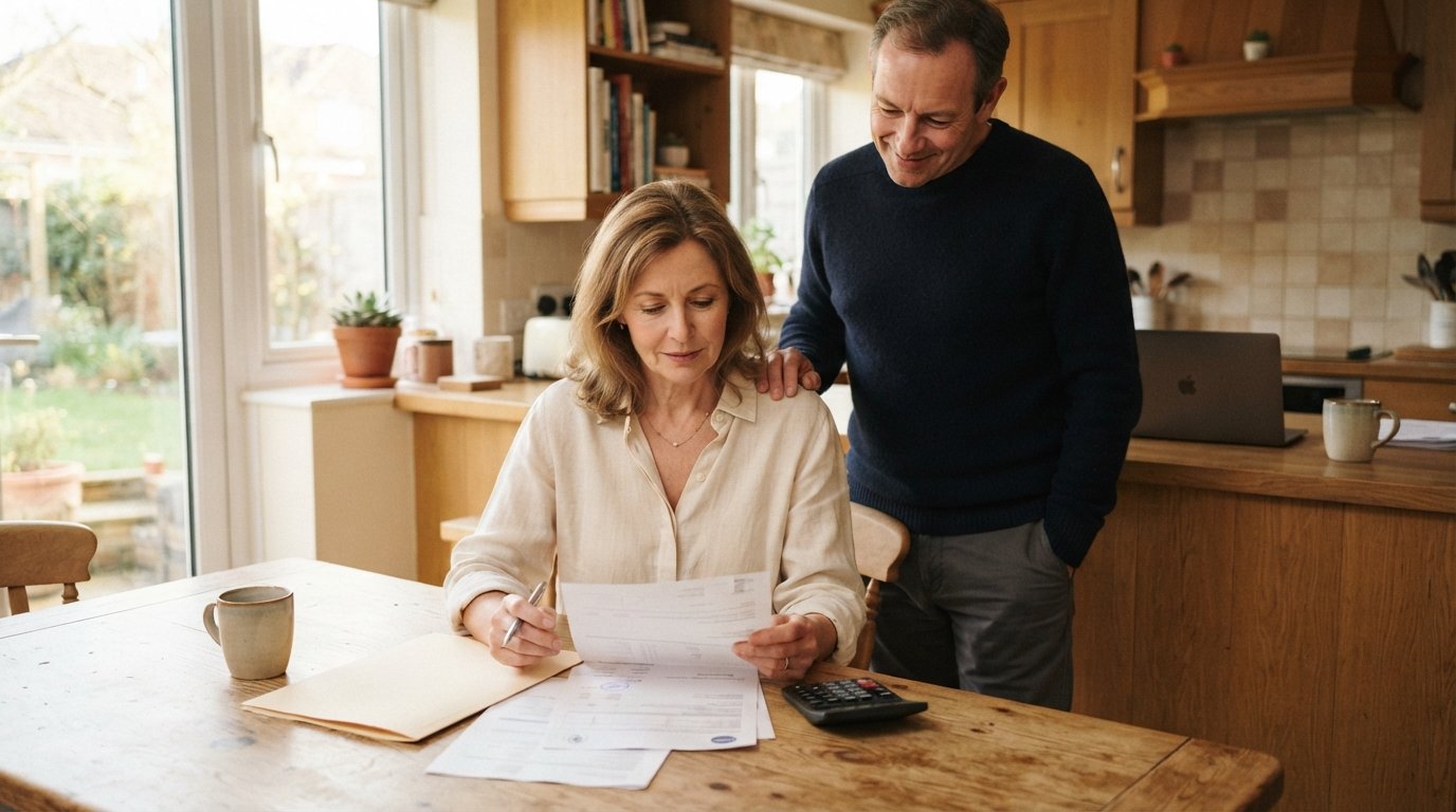Woman in a cream blouse reviews financial paperwork with a calculator at a kitchen table as a man in a navy sweater looks on