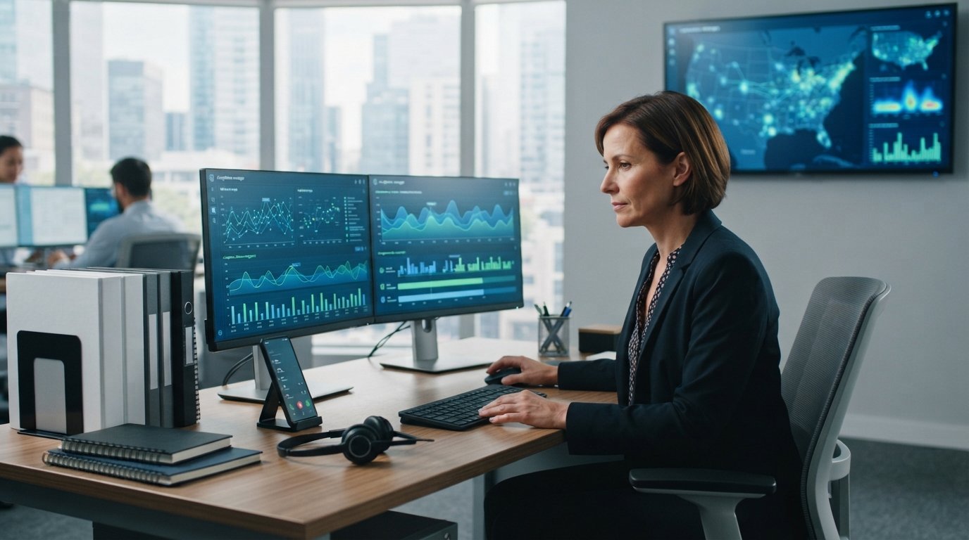 Compliance manager at a dual-monitor workstation reviewing call consent records, with a wall display showing a nationwide…