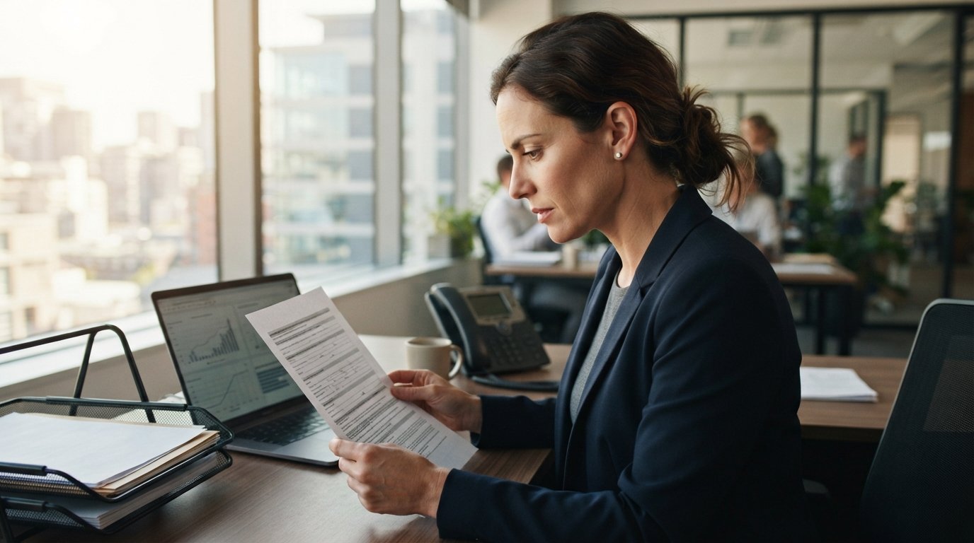 Compliance officer at a desk reviewing a printed consent form beside a laptop showing call records and a landline phone