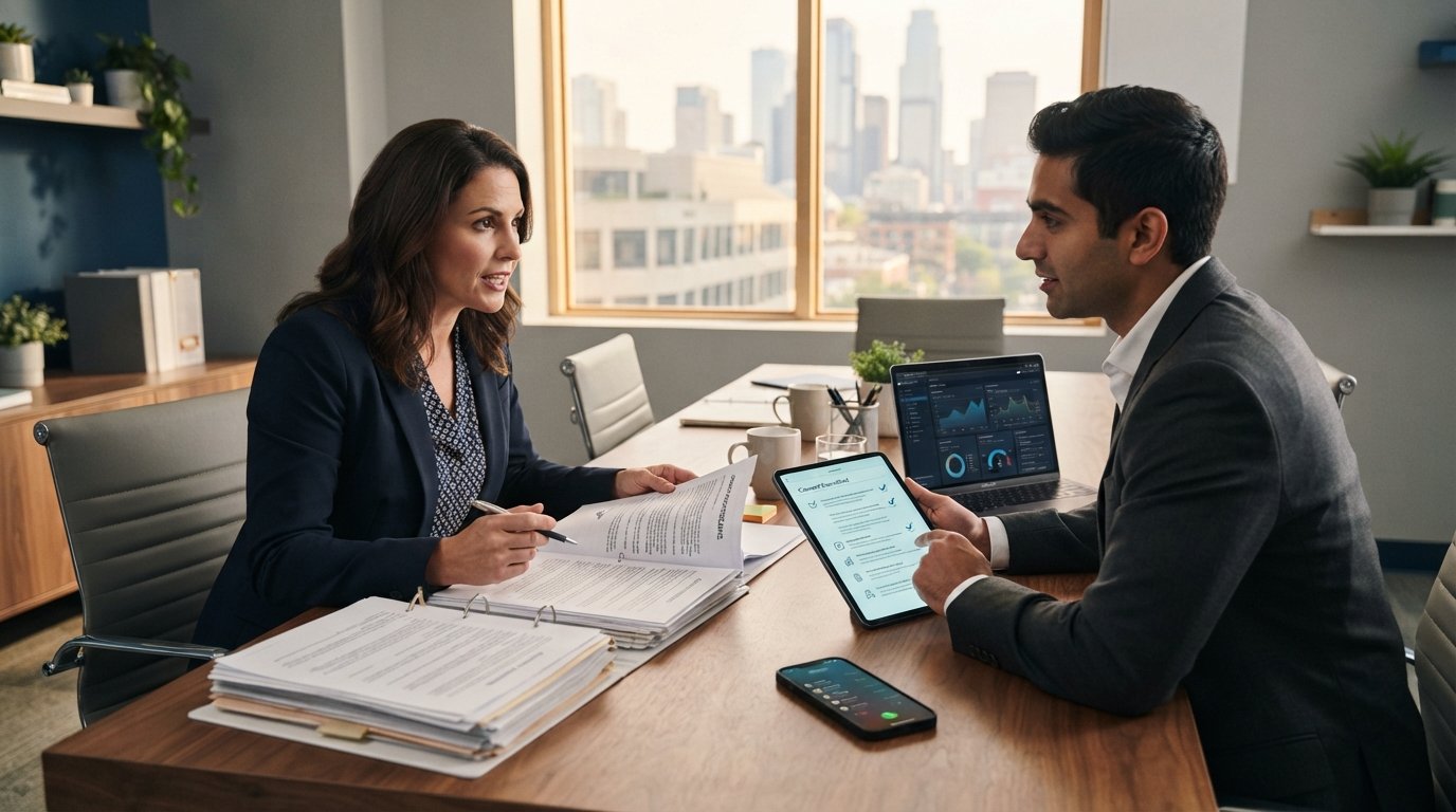 Two business professionals reviewing printed documents and a tablet with a consent checklist at a conference table,…