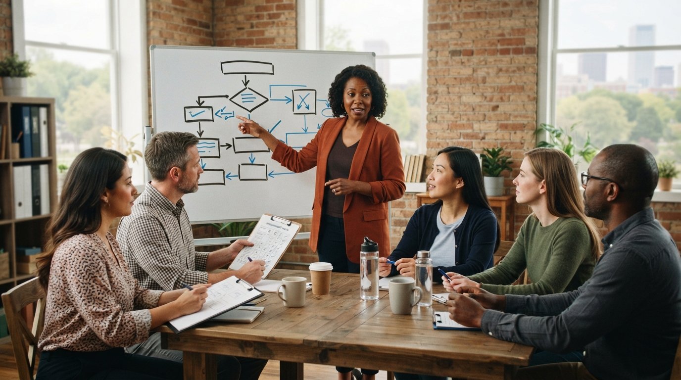 Diverse adult educators in a sunlit seminar room, one woman pointing at a flowchart on a whiteboard while colleagues take…
