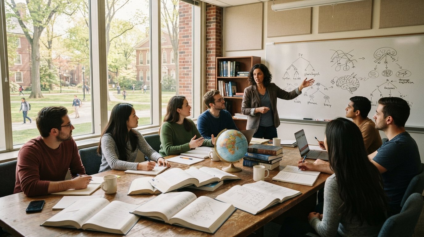 Graduate students discuss language acquisition around a wooden table with textbooks and laptops as an instructor gestures…