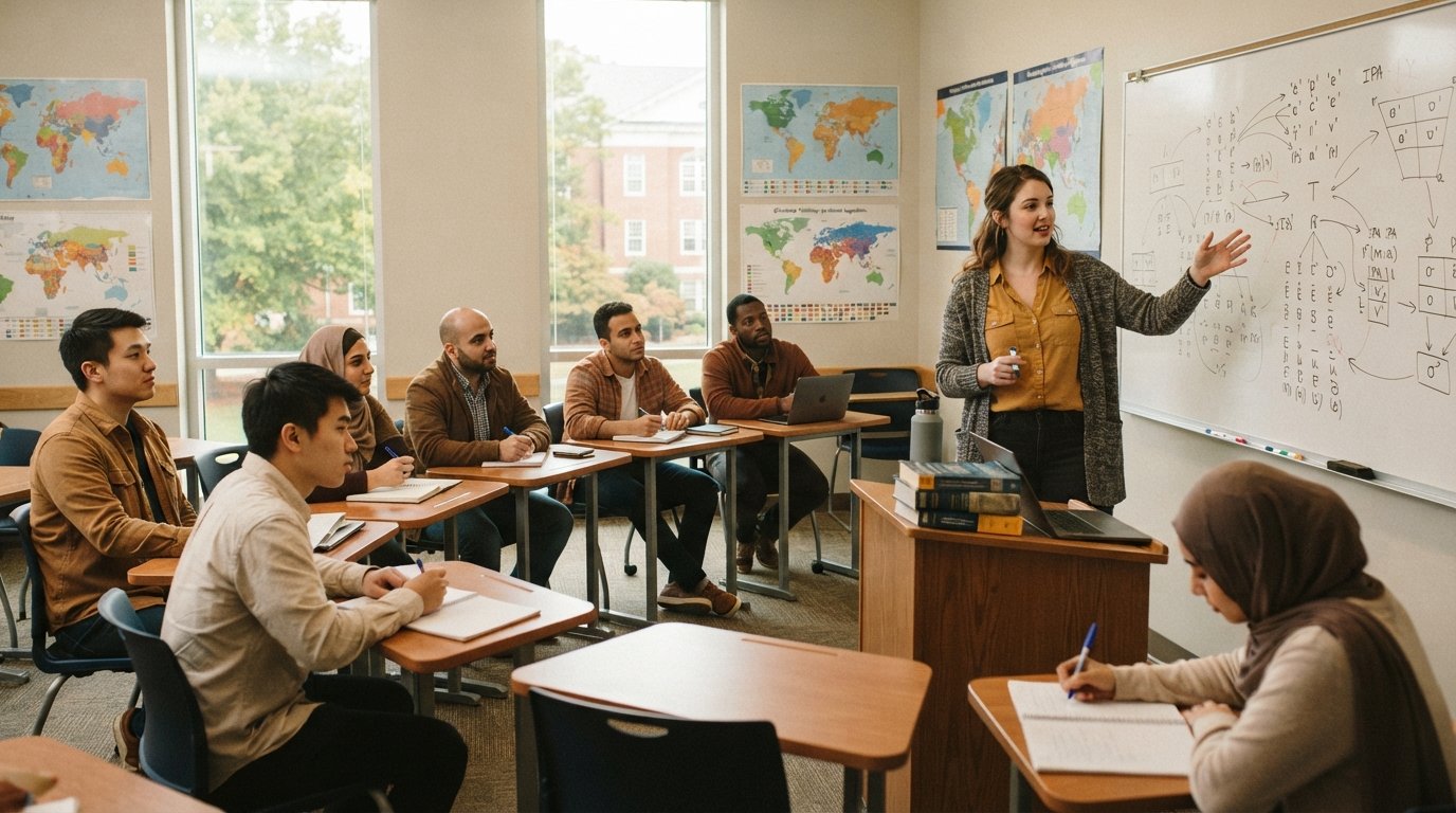 ESL instructor gestures toward a whiteboard of phonetic symbols while adult international students take notes in a sunlit…