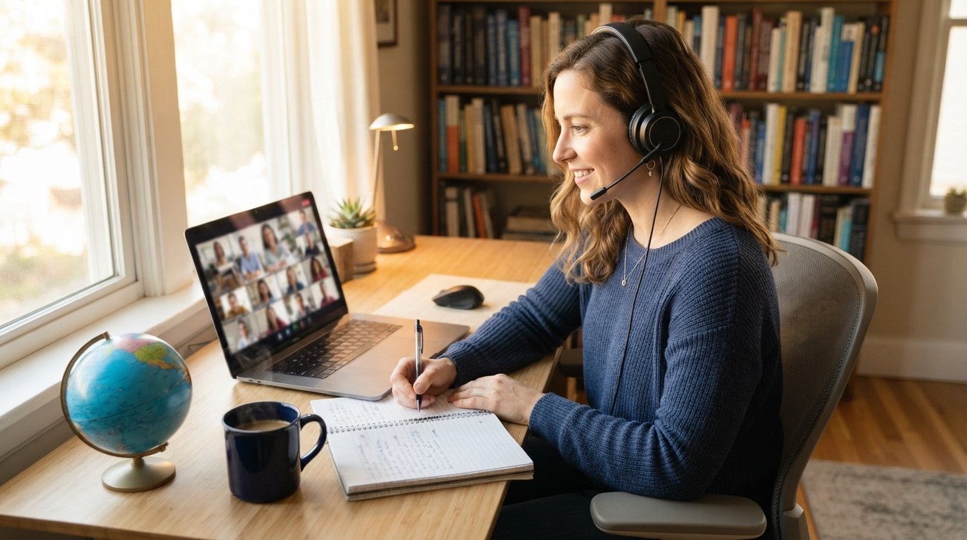 Woman in navy sweater and headphones takes notes at a home desk while watching an online ESL teaching methods class on her…