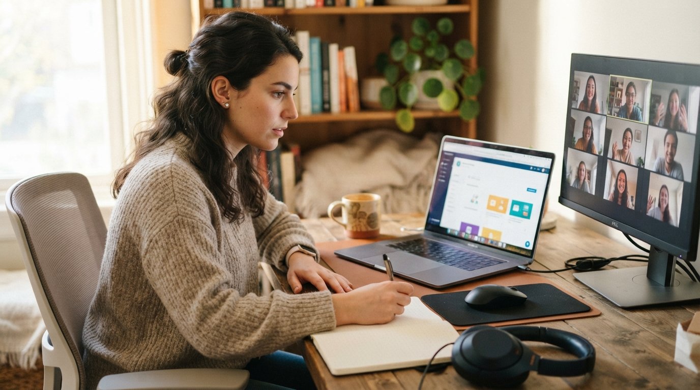 Student in a sweater at a wooden desk with a laptop showing a learning management system, second monitor with video call…