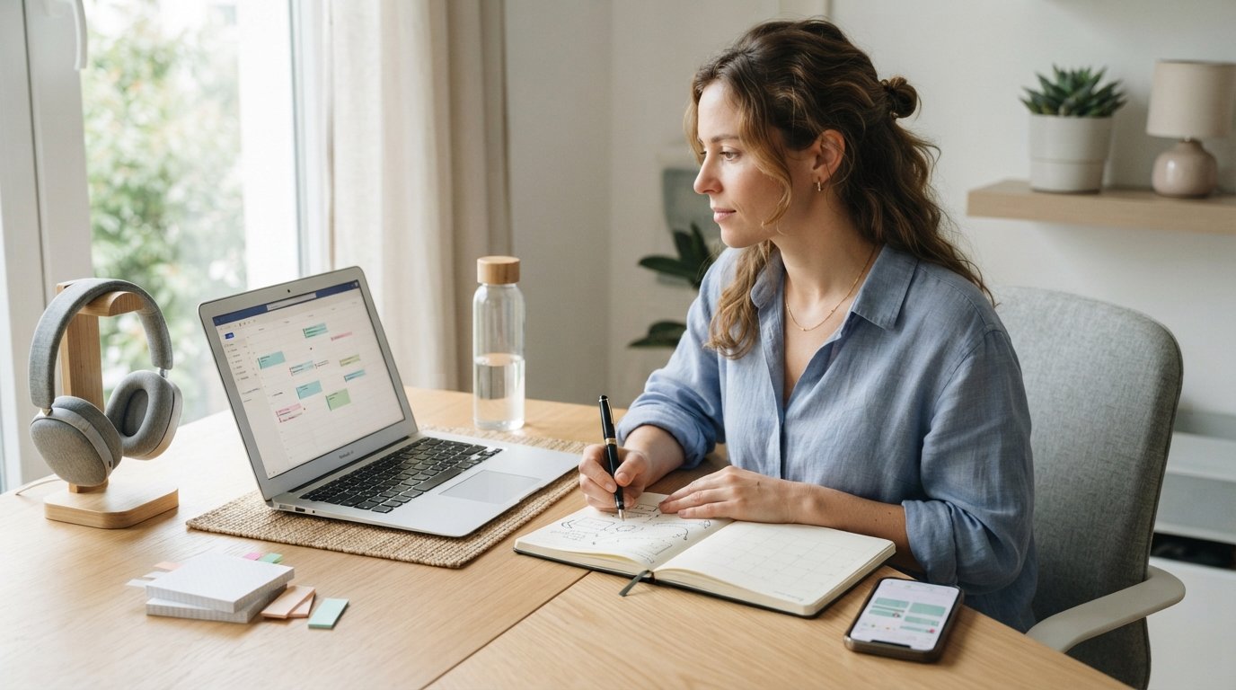 Young woman studying at a bright desk with a laptop showing a calendar, a smartphone, and an open planner