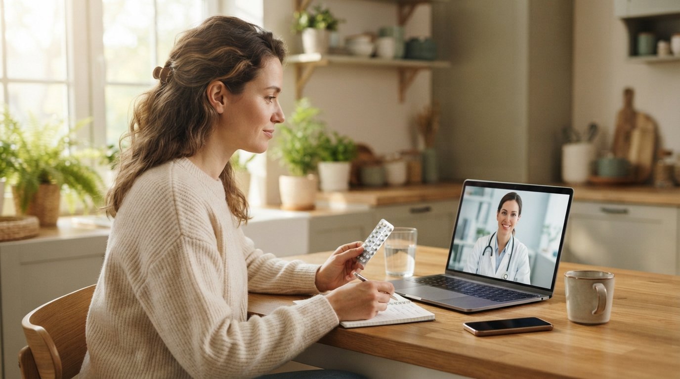 Woman at a kitchen table holding a birth control pill pack while a telehealth video call with a clinician appears on her…