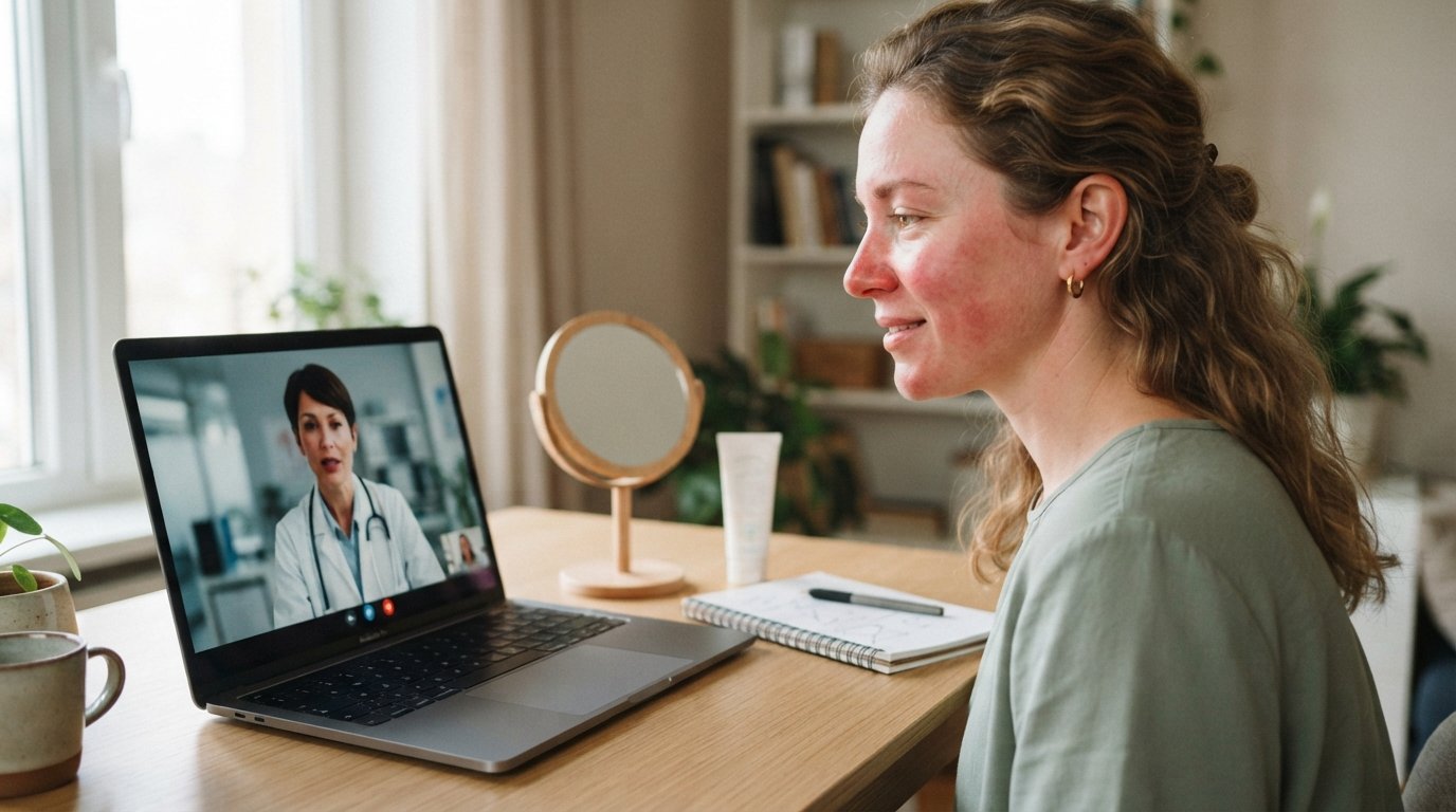 Close-up of a woman with facial redness and faint dark cheek patches at a home desk during a video call with a dermatologist