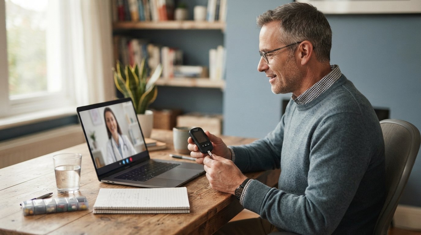 Middle-aged man at a wooden desk holds a glucose meter and test strip while a laptop shows a clinician in a white coat on a…