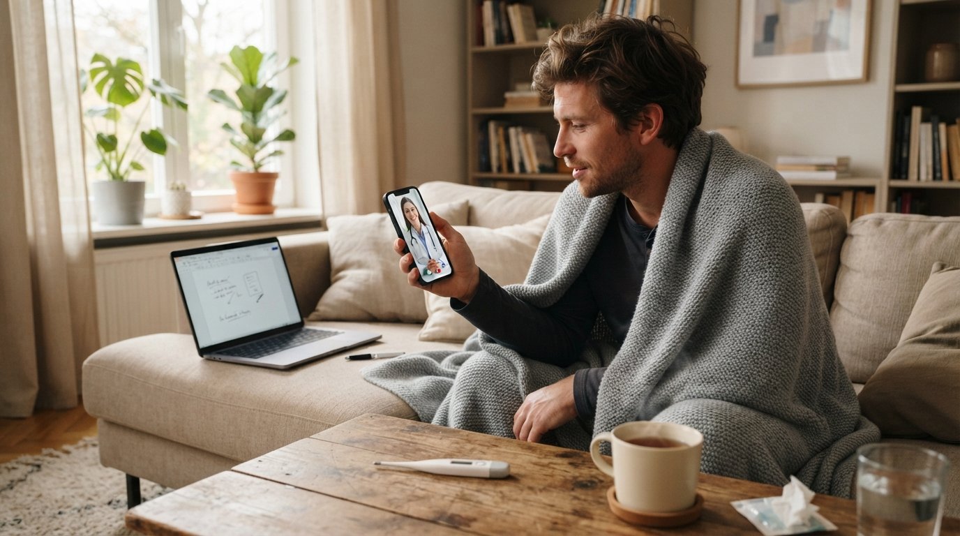 Man wrapped in a blanket on a sofa holds a smartphone showing a clinician in a white coat during a video call, with a…