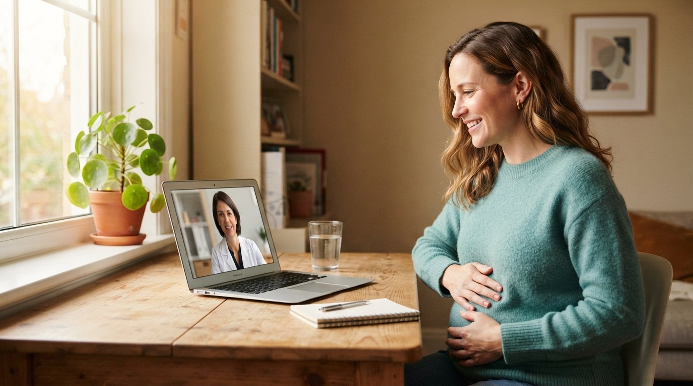 Woman in teal sweater holds her abdomen while video-calling a doctor on a laptop in a sunlit home office