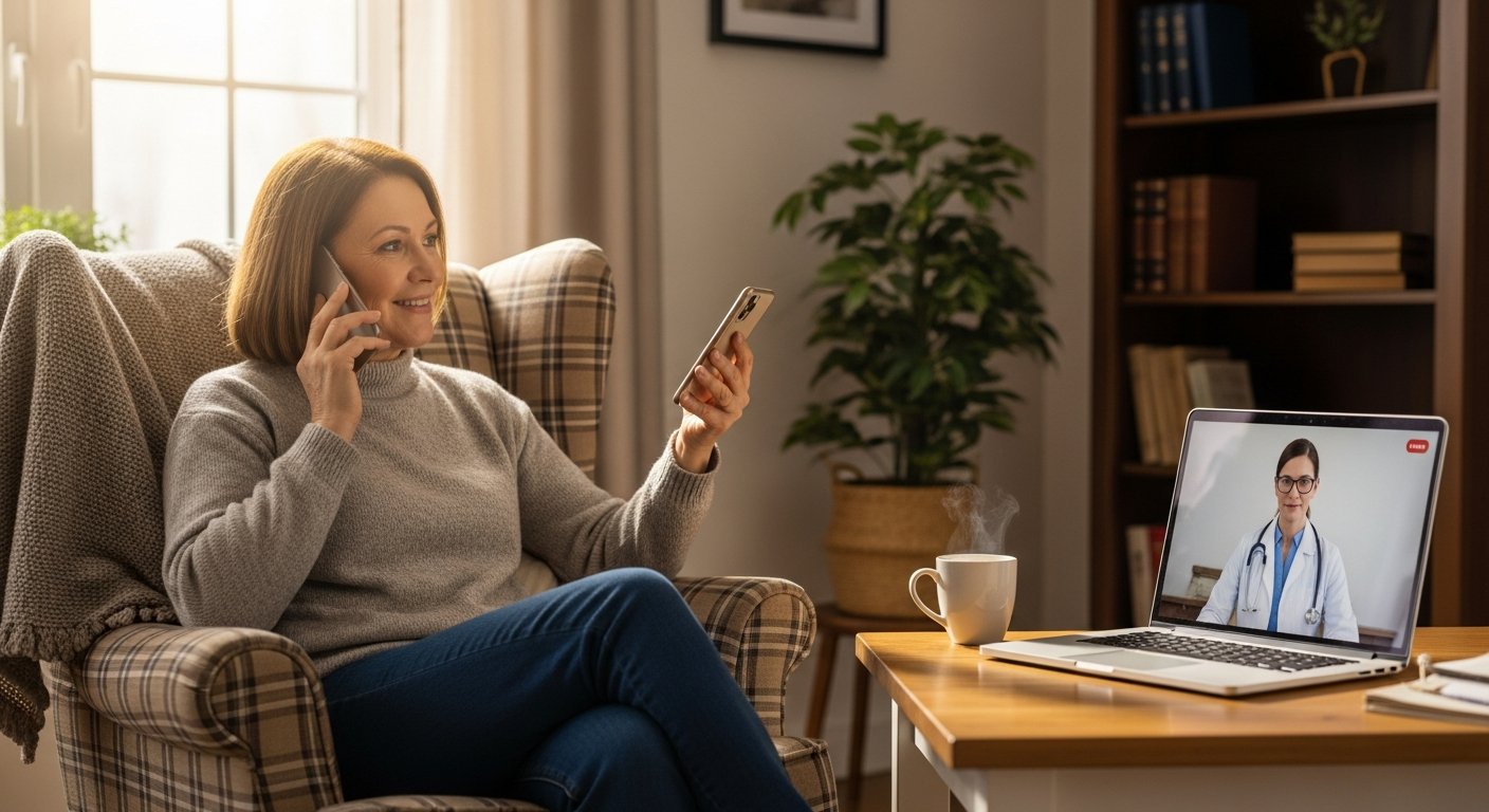 Middle-aged woman in a sunlit rural living room holds a smartphone to her ear while a female doctor appears on a laptop…