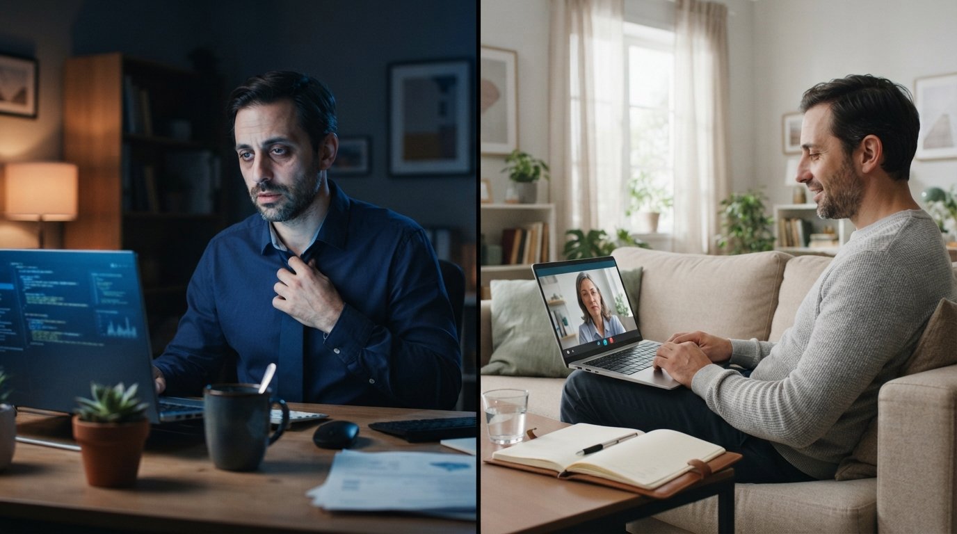 Split image: tired man loosening his collar at a night-lit desk with cold coffee, then relaxed in daylight speaking with a…