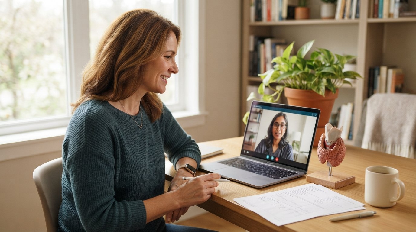 Woman at a home desk on a laptop video call with a clinician, thyroid model and lab papers nearby
