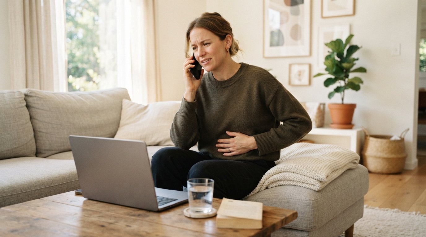 Woman on a sofa holding a phone to her ear and pressing a hand to her lower abdomen, laptop open nearby