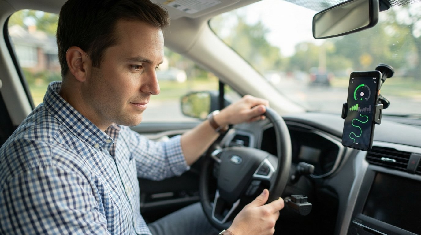 Driver in a button-down shirt looks at a plug-in telematics device under the dashboard while a smartphone shows green…