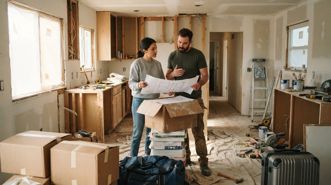 Couple in casual clothes review a floor plan in a half-renovated kitchen with exposed drywall, packed boxes, and a rolling…