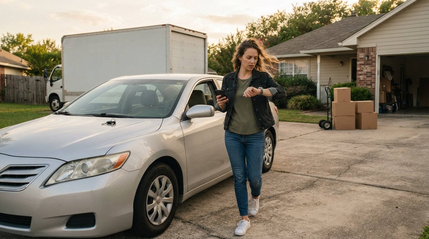 Woman in jeans and a light jacket stands by a silver sedan in a driveway, holding a phone and checking her watch, with a…