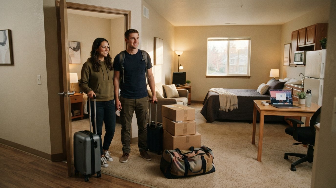 Couple with rolling suitcases and cardboard boxes at the door of a furnished extended-stay apartment with a bed,…