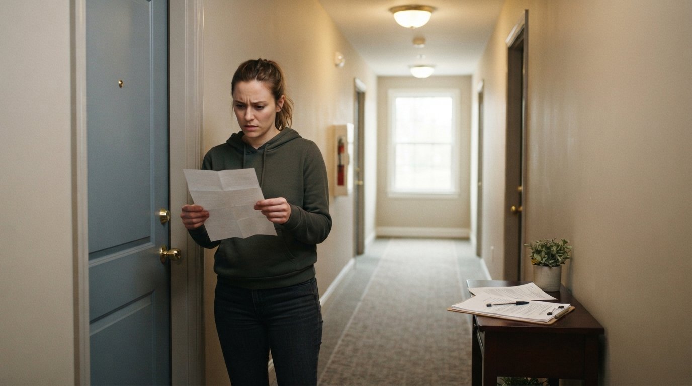 Worried renter in casual clothes holds a folded notice in a warmly lit apartment hallway, with a lease clipboard on a side…